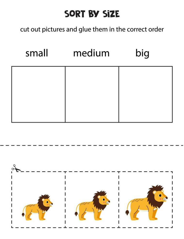 Sort cute lions by size. Educational worksheet for kids. vector