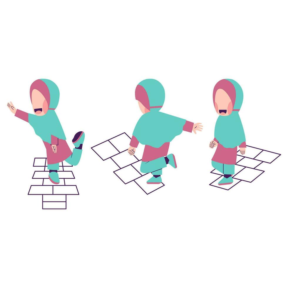 Set Of Hijab Girl Playing Hopscotch vector