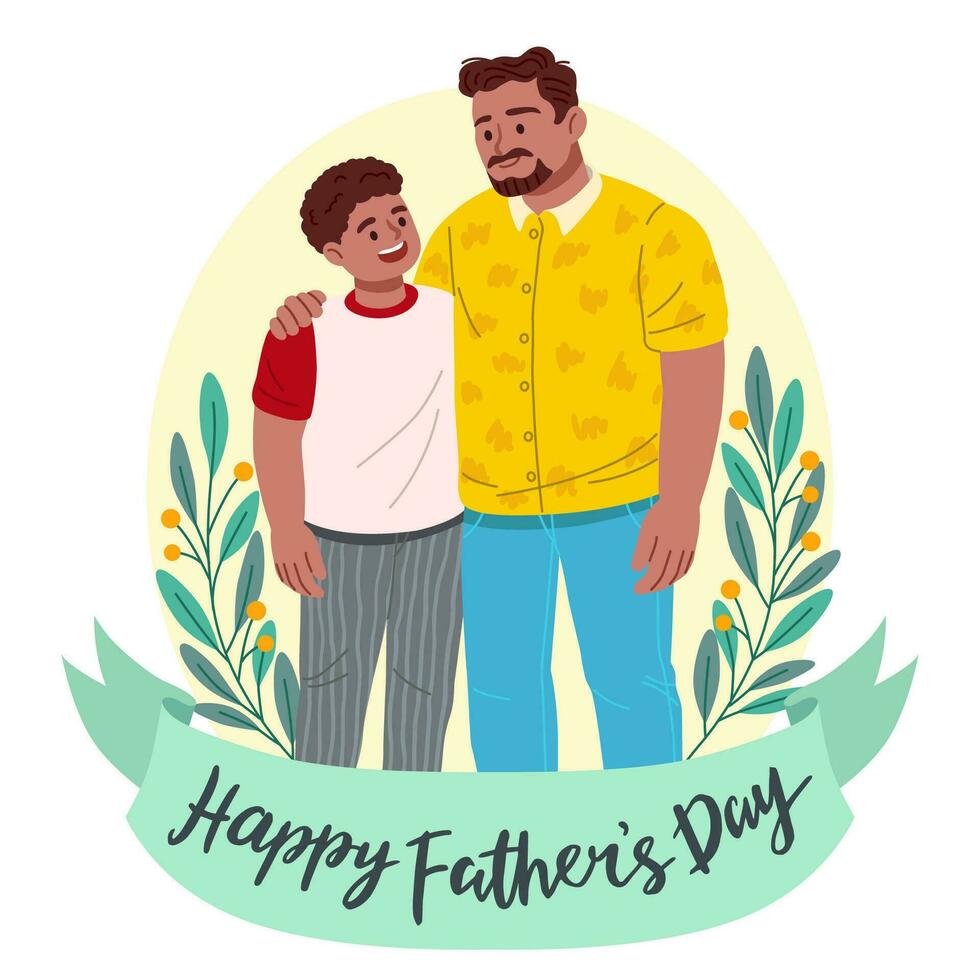 Happy Father's Day greeting card with father and son. Vector illustration.