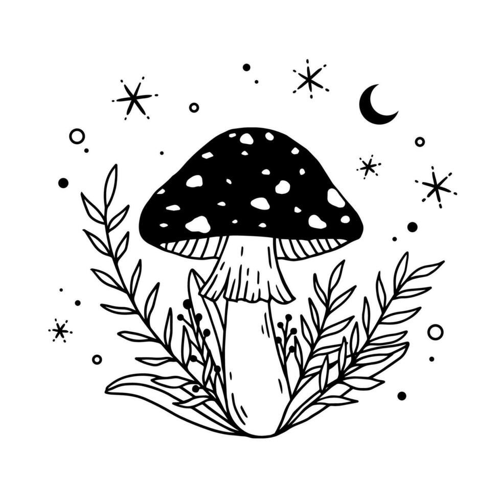 Mystical mushroom outline vector clipart. magic boho celestial line art