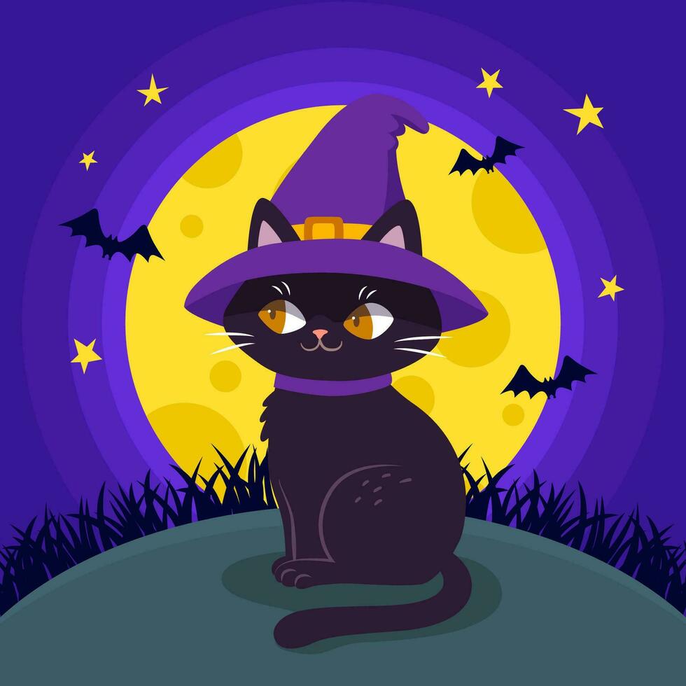 Halloween vector illustration. Cute cartoon black cat in witch hat sits on the grass near the full moon.