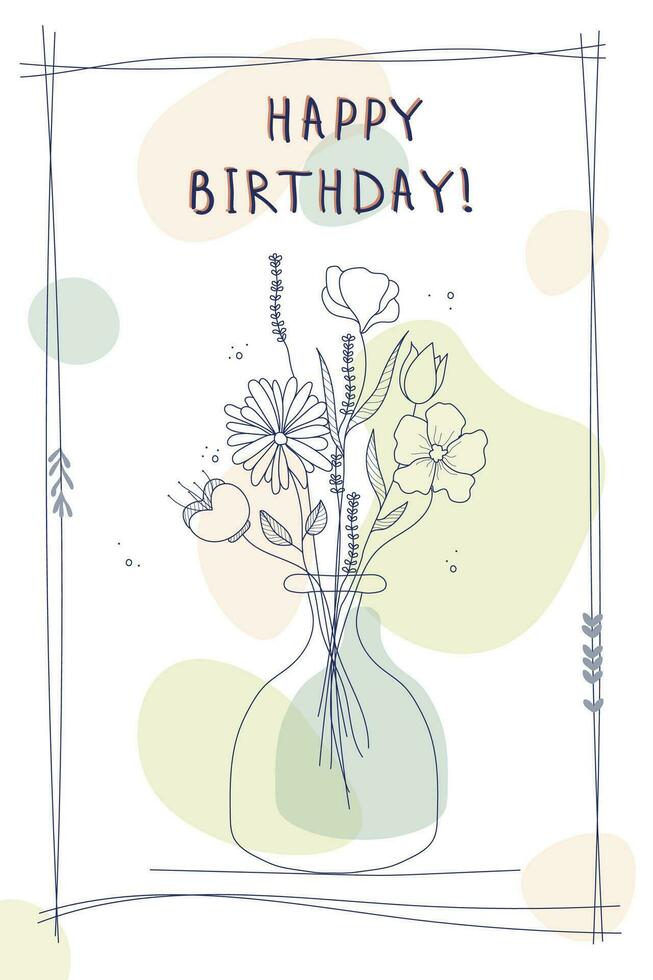 Flowers in a vase outline. Hand drawn vector illustration. Minimalistic happy birthday greeting card or background in watercolor tones