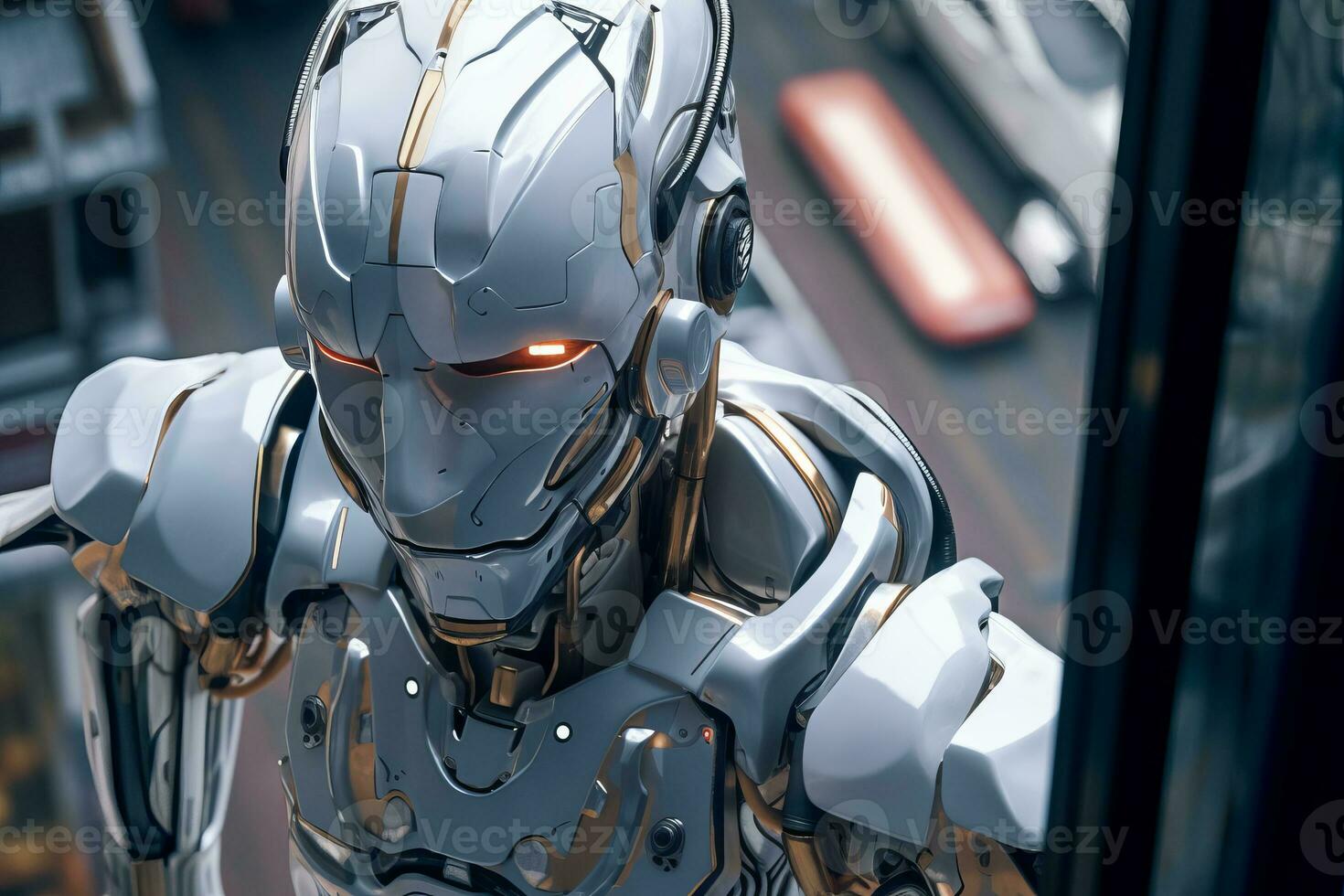 an image of a robot standing in front of a building photo
