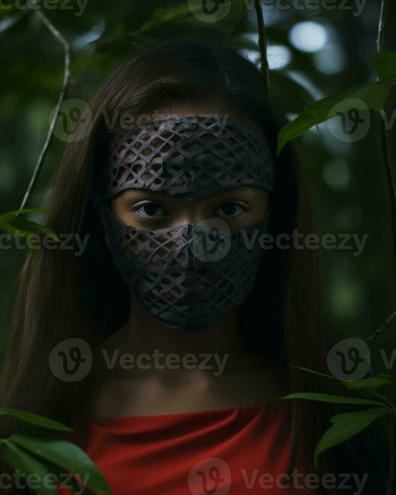 a woman wearing a mask in the woods photo