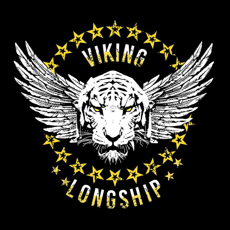 vikingo drakkar. camiseta diseño de un Tigre cara con alas, estrellas y texto. vector ilustración para rock música.