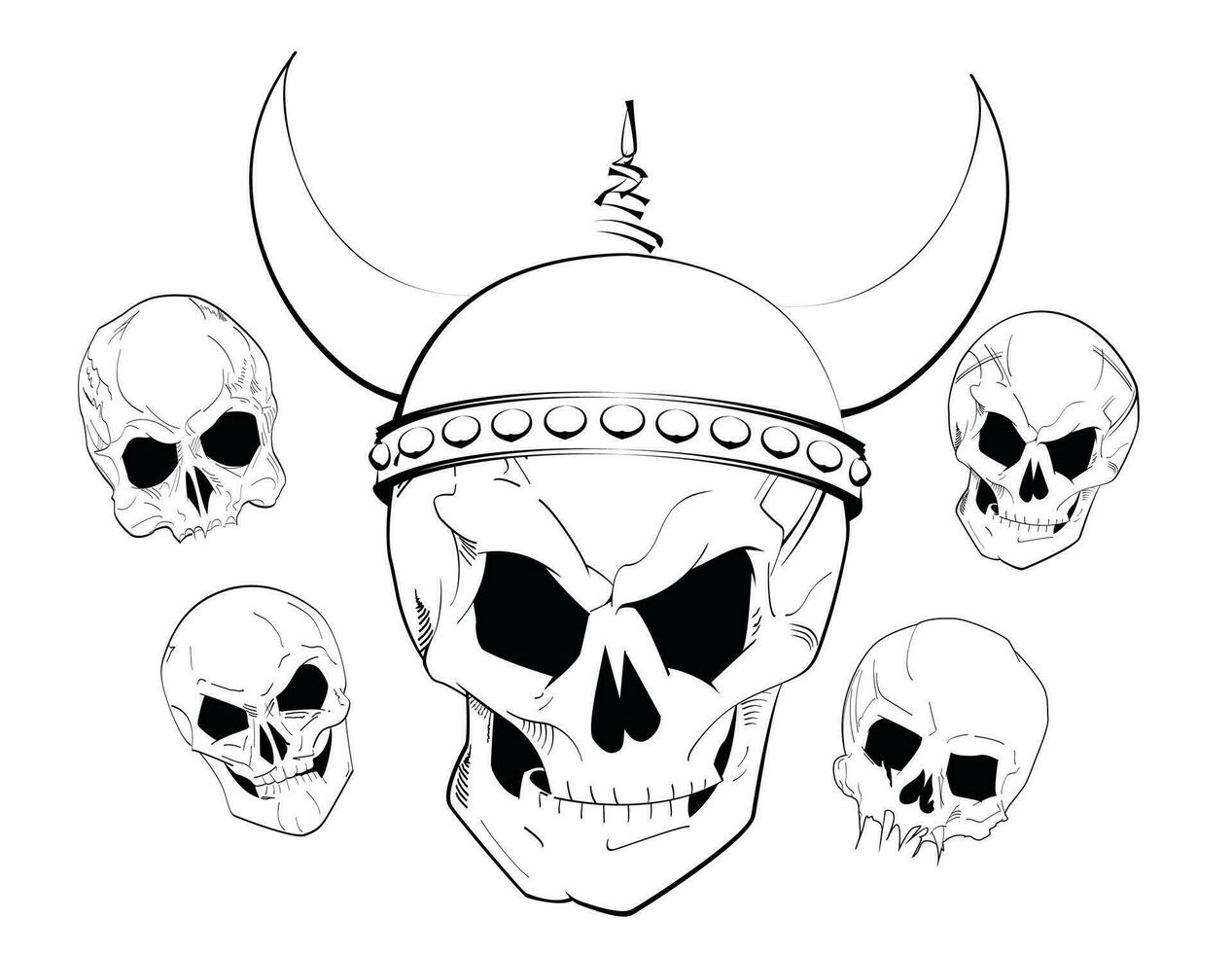 vector illustration of five viking skulls isolated on white
