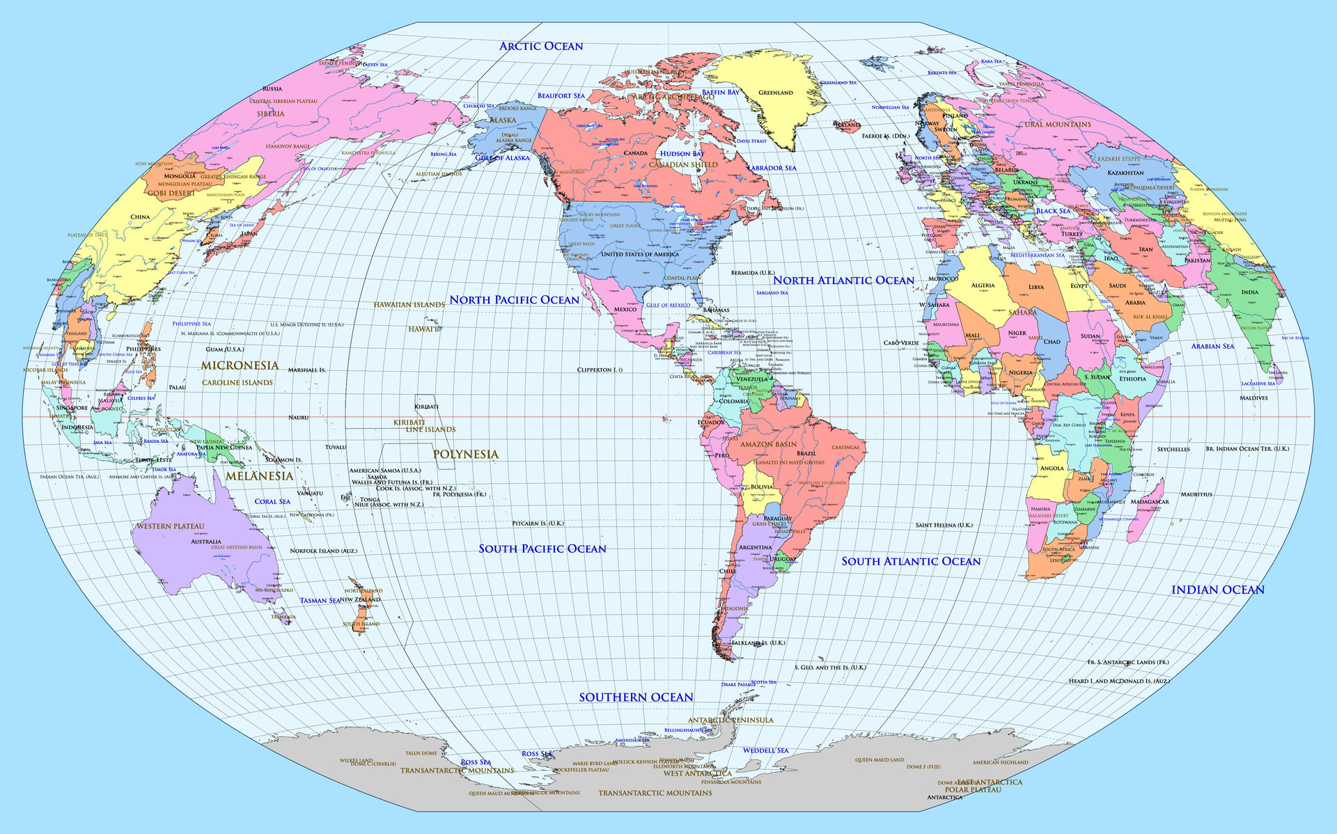 Political world map America centered - Political World Map America Centered Winkel Tripel Projection Vector