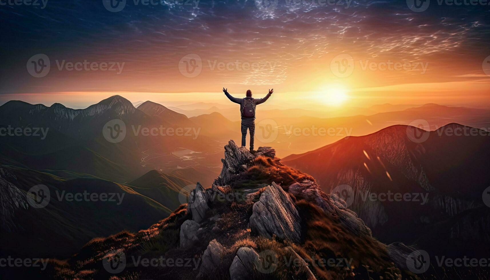 Triumph at the Summit - Human Figure Celebrating Success on a Mountain - Generative AI photo