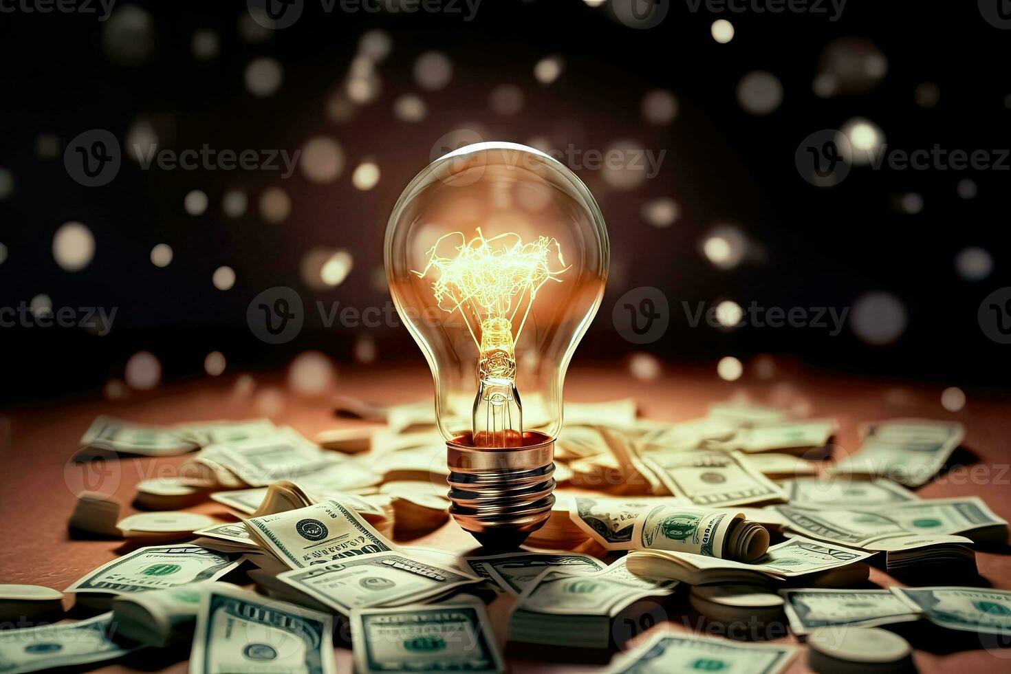 Glowing Light Bulb Among Money Banknotes - Business and Money Making Concept - Generative AI photo