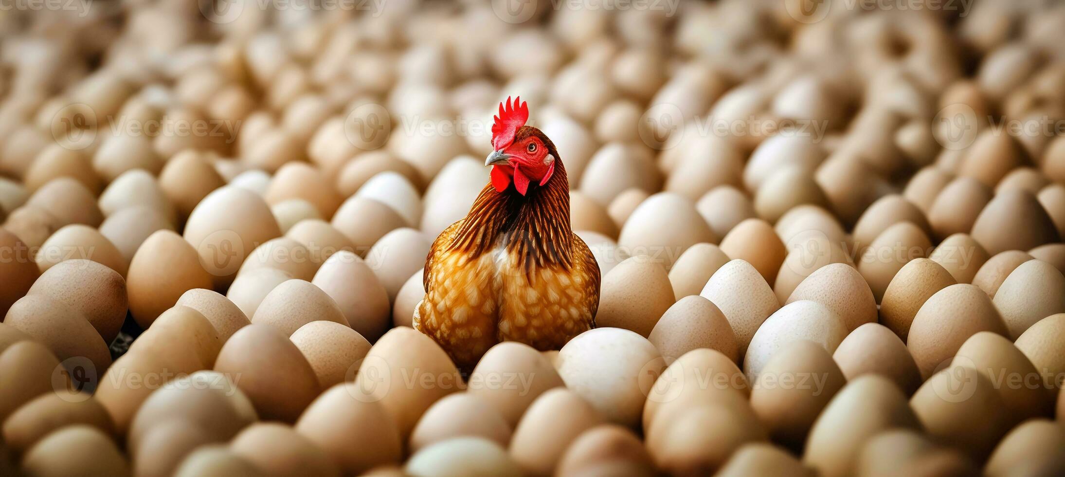 Rural Agriculture - Chicken and a Pile of Eggs - Generative AI photo