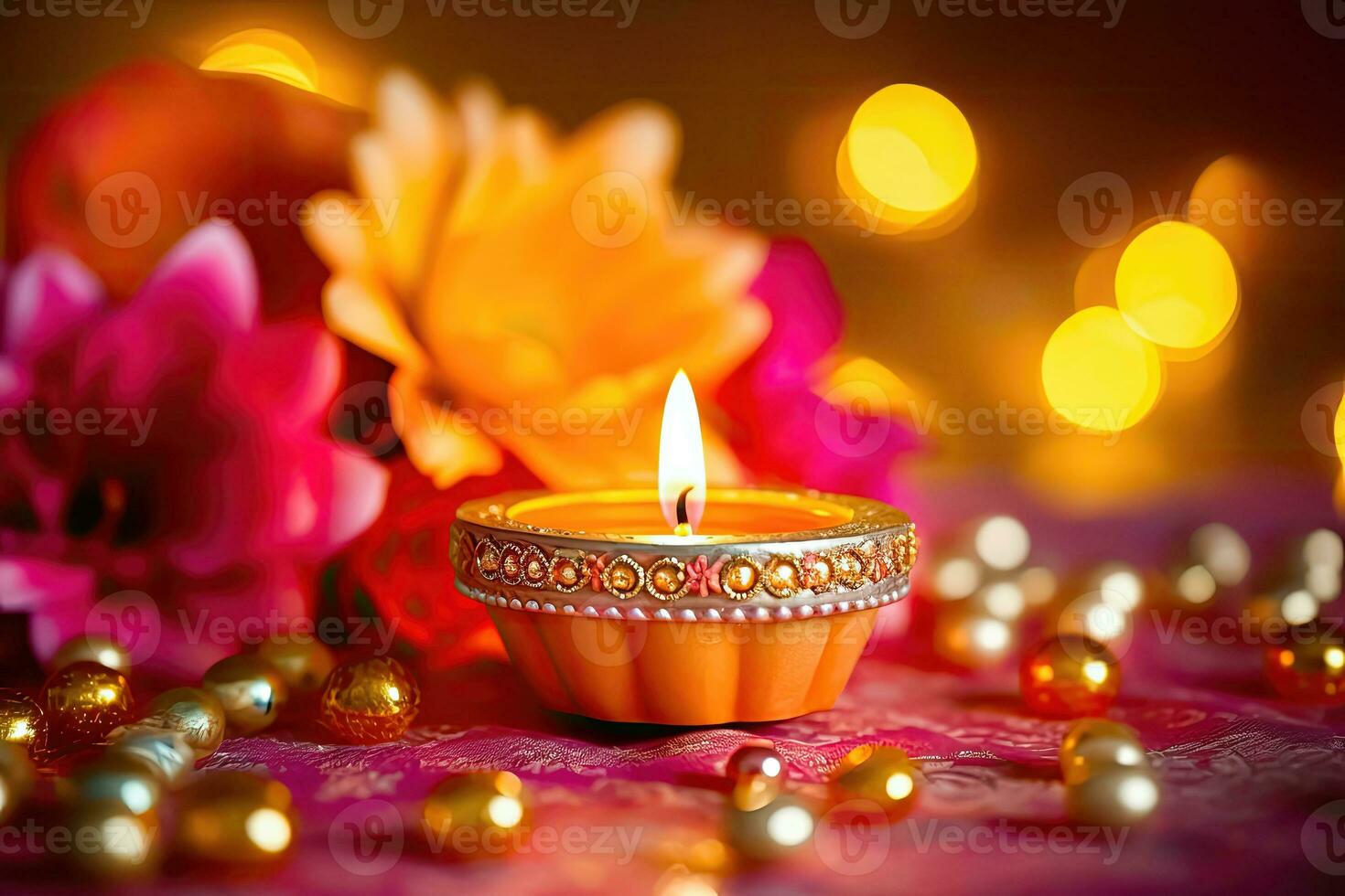 Diwali Lights - Glowing Oil Lamp in Blurry Bokeh Background - Generative AI photo