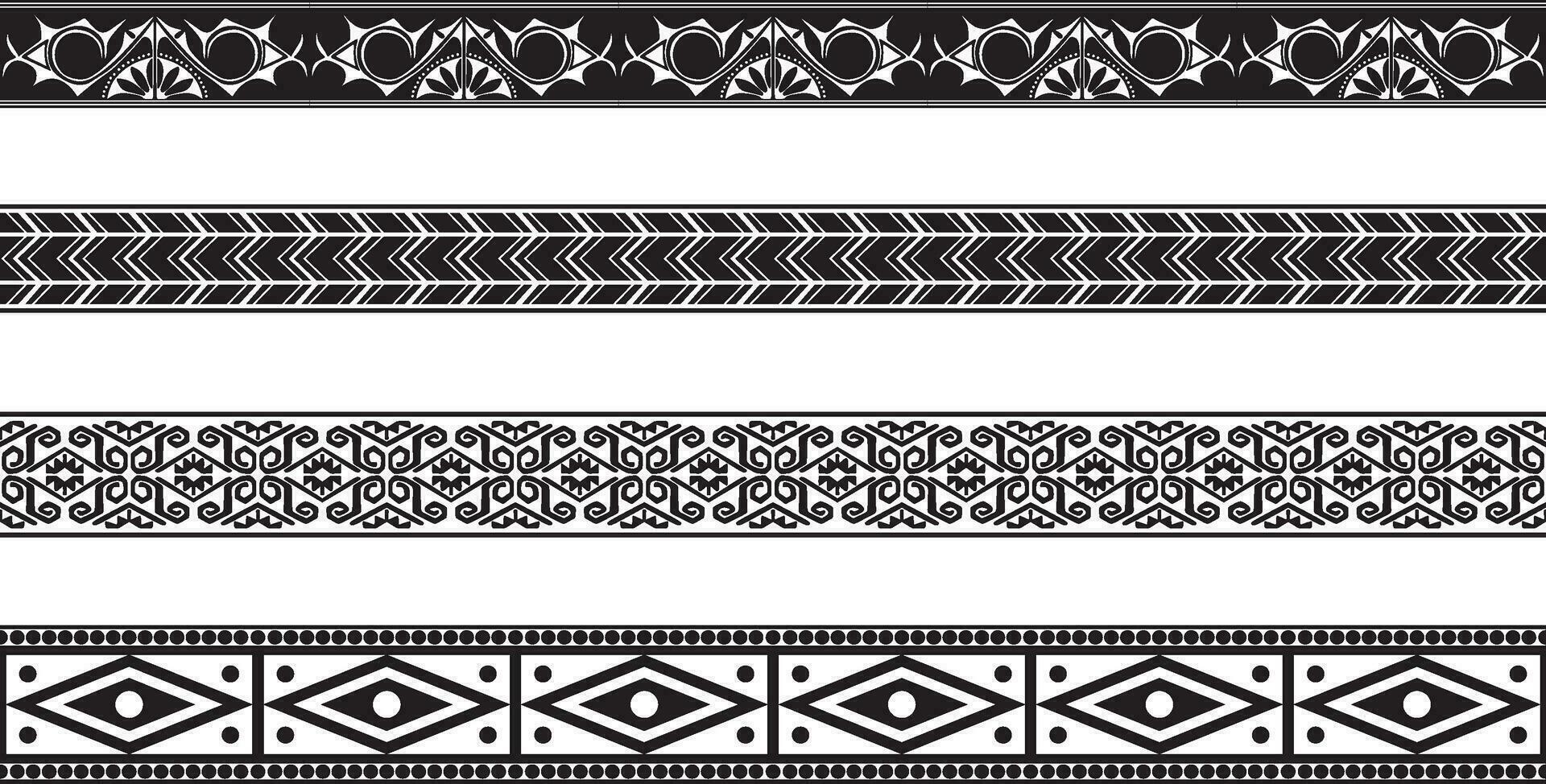 Vector set of seamless monochrome national native american ornaments. Endless ethnic black borders, frames of the peoples of America, Aztec, Maya, Incas. For sandblasting, plotter and laser cutting