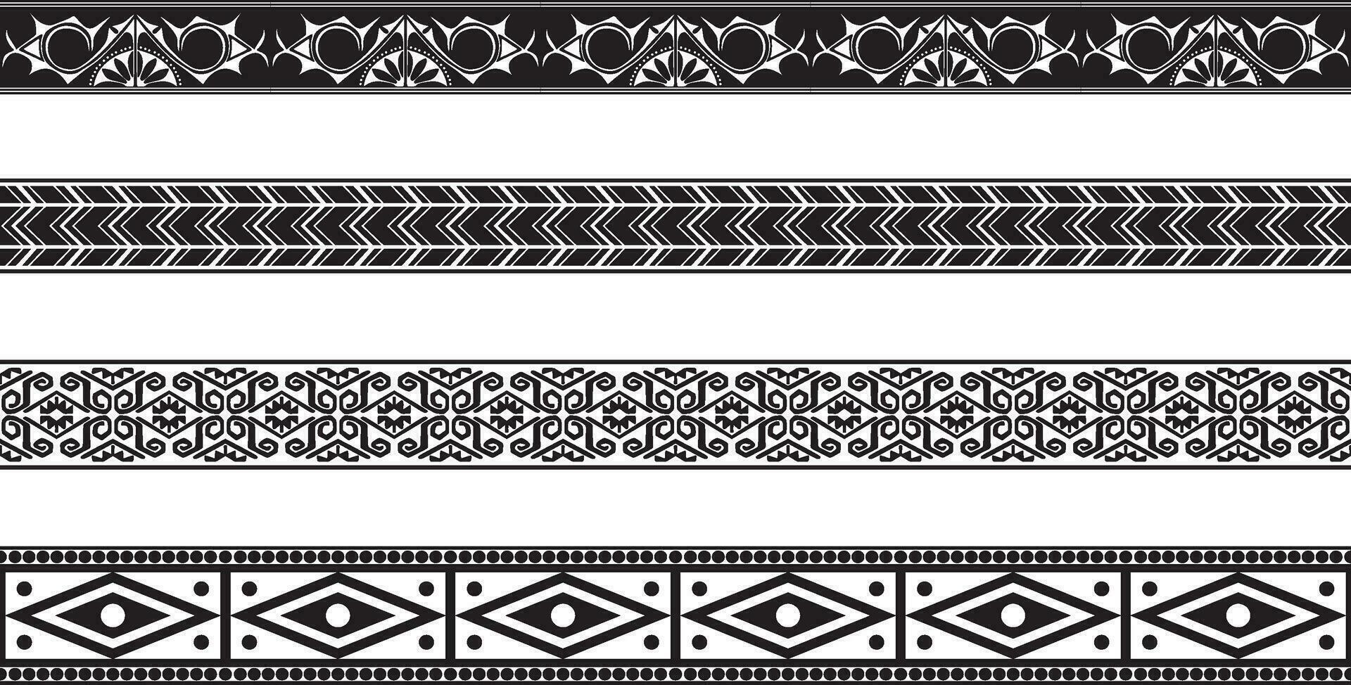 Vector set of seamless monochrome national native american ornaments. Endless ethnic black borders, frames of the peoples of America, Aztec, Maya, Incas. For sandblasting, plotter and laser cutting