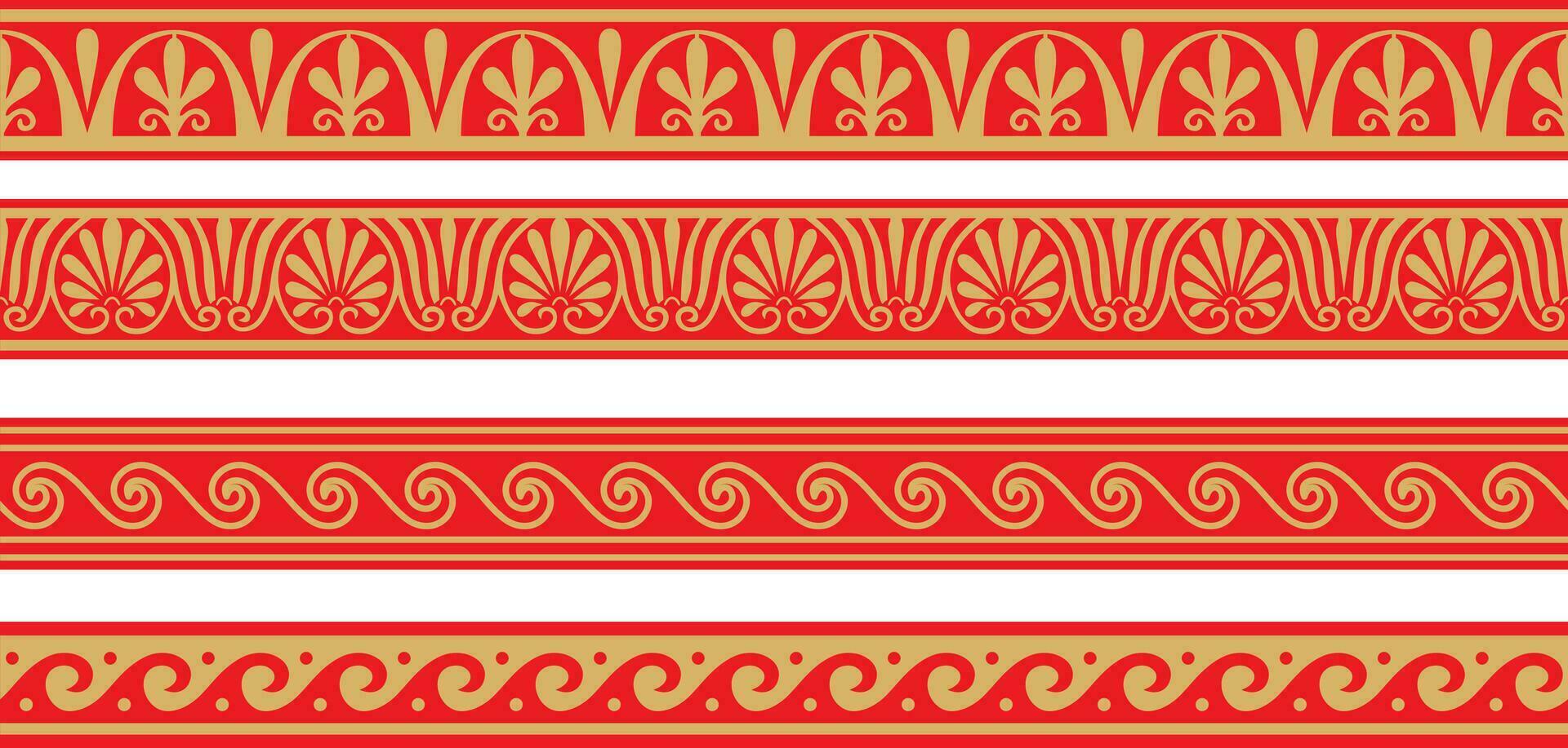Set of vector seamless greek classic ornament. Pattern for a border and a frame. Ancient Greece and the Roman Empire. Endless gold with red meander