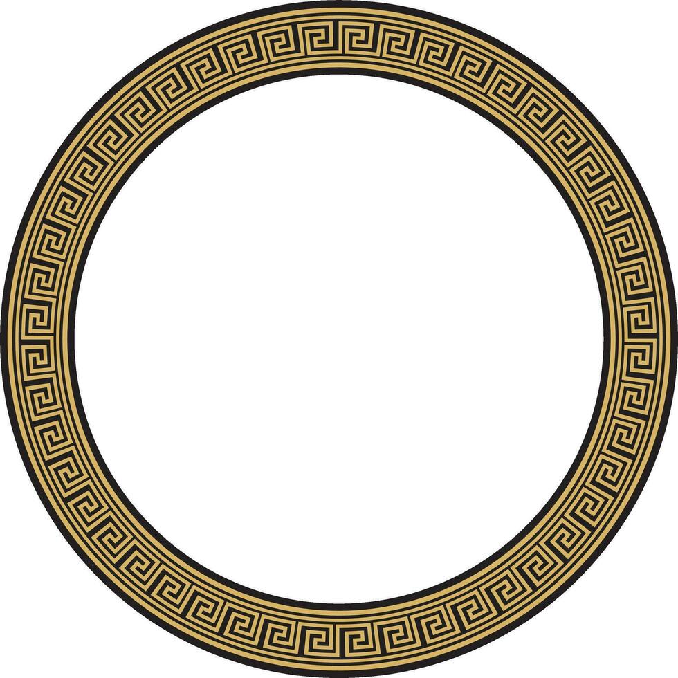 Vector round gold and black Greek frame. Classic meander ornament. Border Ancient Greece, Roman Empire