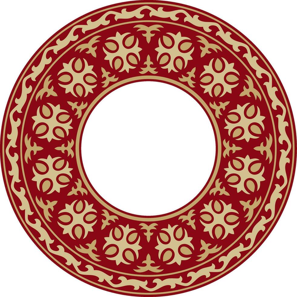 Vector red and gold round Kazakh national ornament. Ethnic pattern of the peoples of the Great Steppe, Mongols, Kyrgyz, Kalmyks, Buryats. circle, frame border
