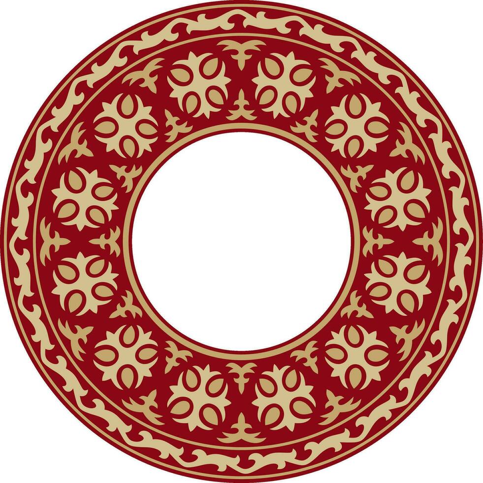 Vector red and gold round Kazakh national ornament. Ethnic pattern of the peoples of the Great Steppe, Mongols, Kyrgyz, Kalmyks, Buryats. circle, frame border