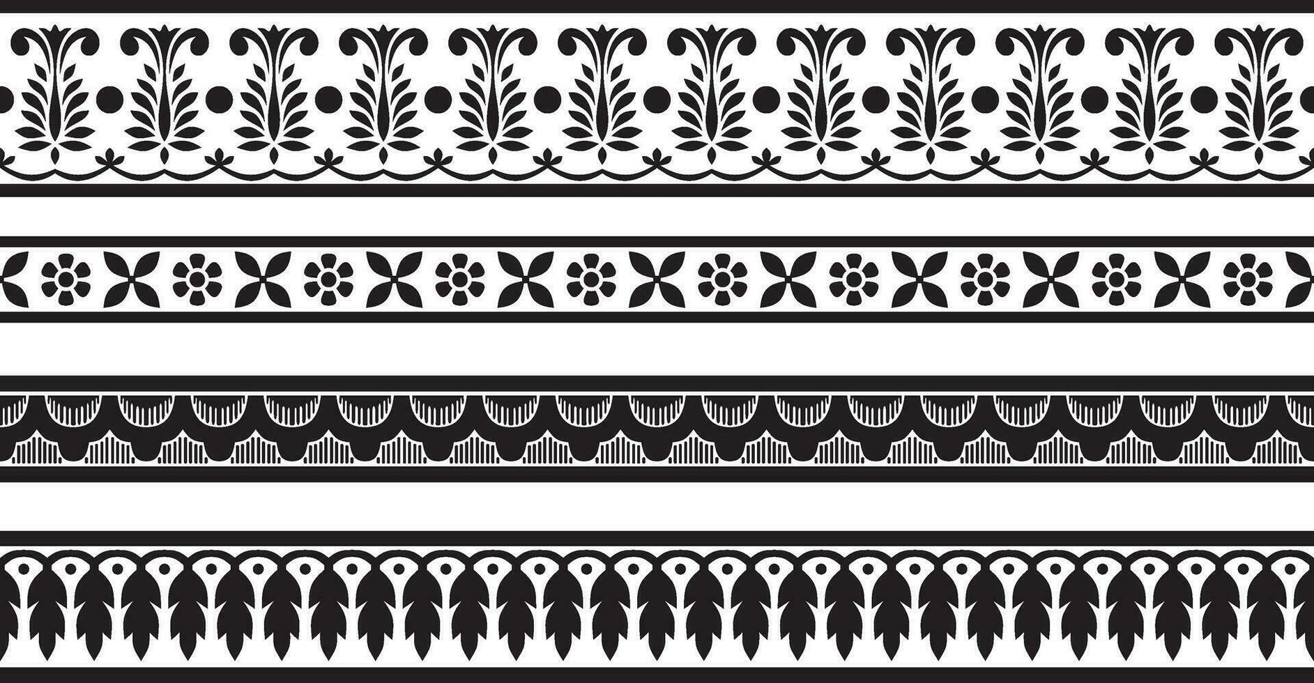 Vector set of seamless monochrome black Indian national ornament. Ethnic endless plant border. Flowers frame. Poppies and leaves