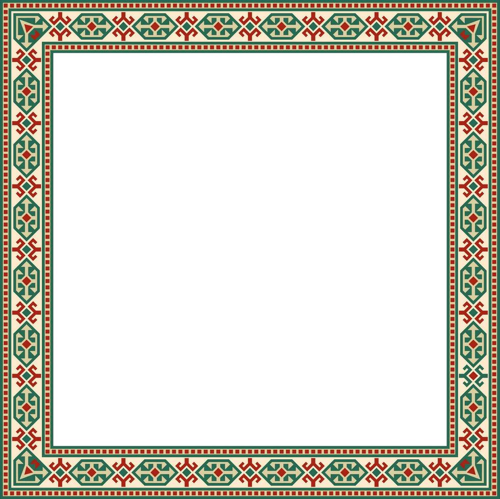 Vector colored square Kazakh national ornament. Ethnic pattern of the peoples of the Great Steppe, .Mongols, Kyrgyz, Kalmyks, Buryats. Square frame border