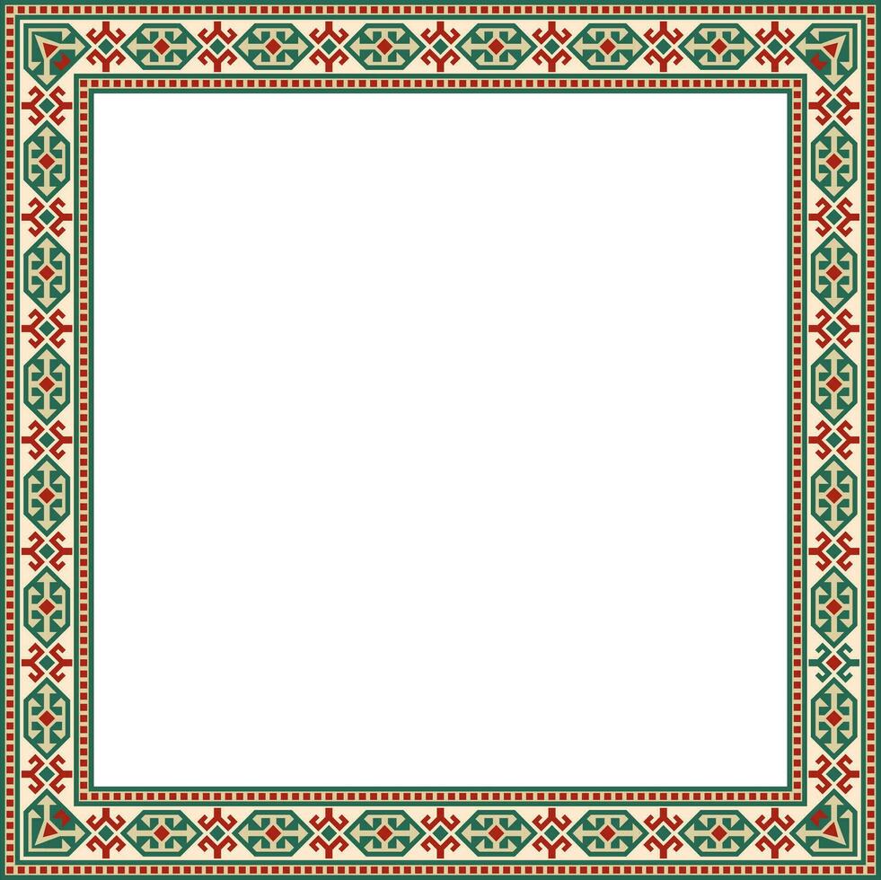 Vector colored square Kazakh national ornament. Ethnic pattern of the peoples of the Great Steppe, .Mongols, Kyrgyz, Kalmyks, Buryats. Square frame border