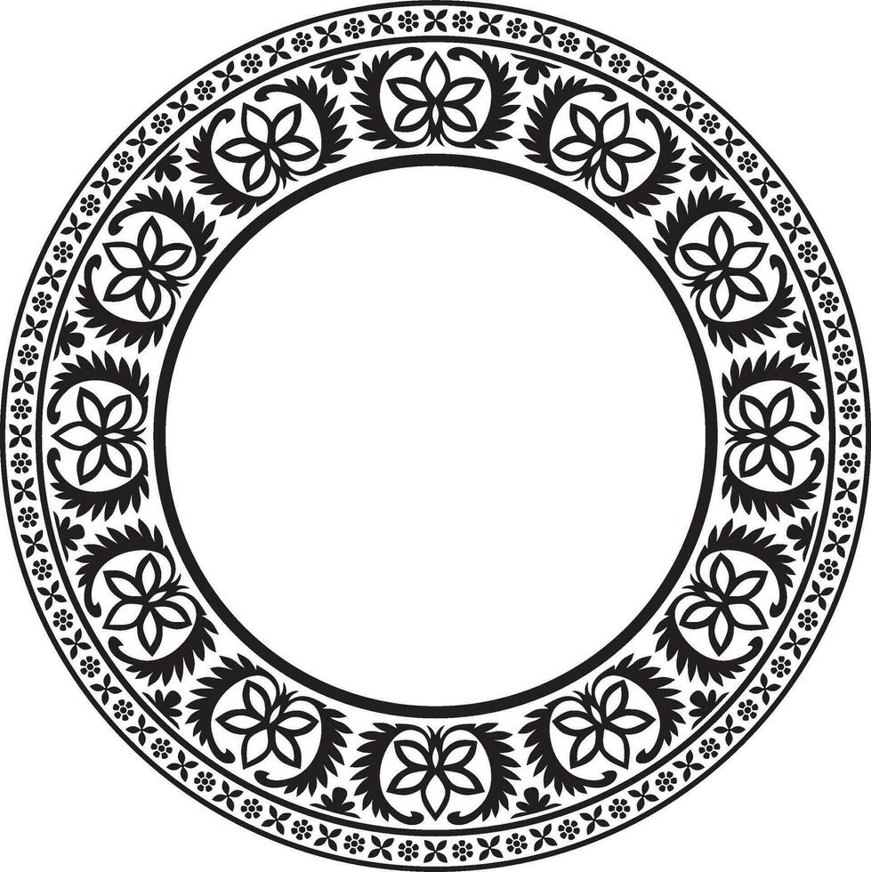 Vector round monochrome black Indian national ornament. Ethnic plant circle, border. Frame, flower ring. Poppies and leaves