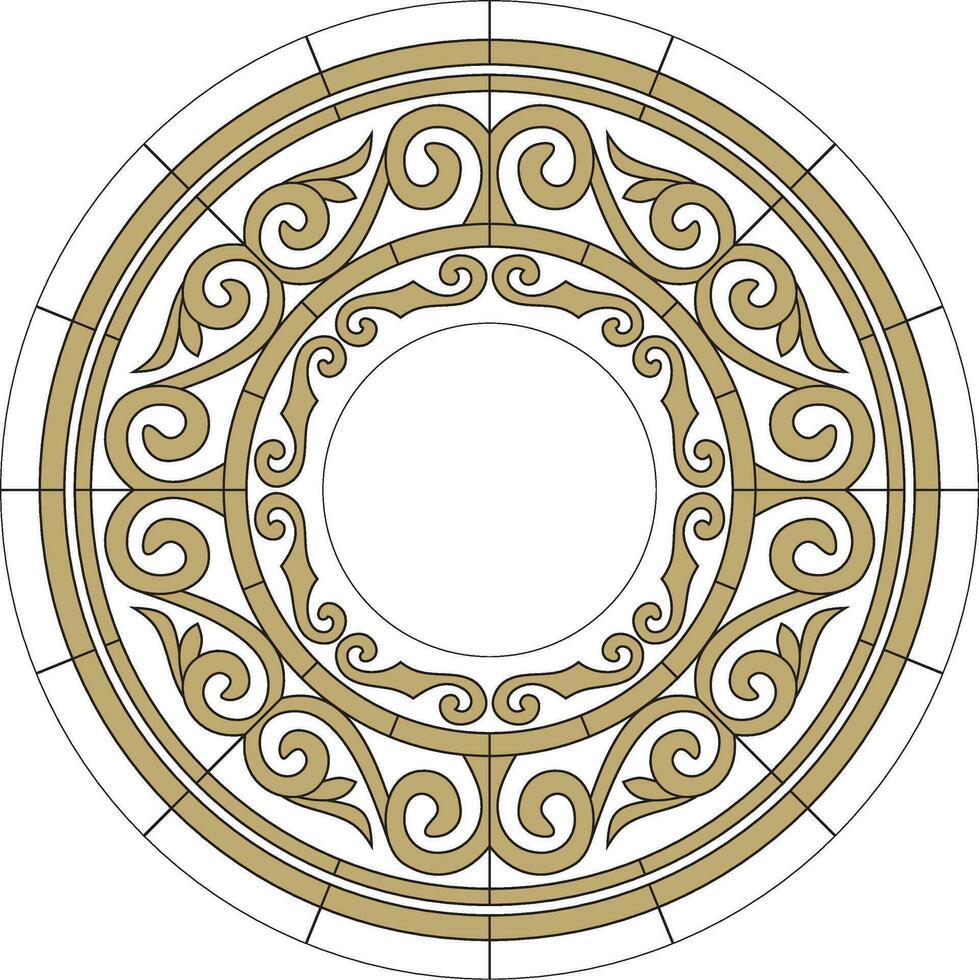 Vector gold stained glass window, Kazakh ornament. Drawing of nomads on glass. Template for a round ceiling with a chandelier in the middle