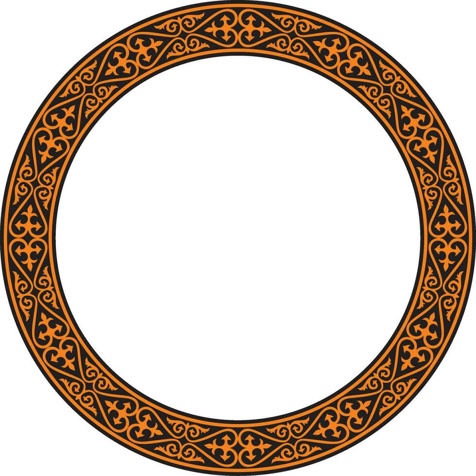 Vector orange and black Kazakh national round pattern, frame. Ethnic ornament of the nomadic peoples of Asia, the Great Steppe, Kazakhs, Kirghiz, Kalmyks, Mongols, Buryats, Turkmens