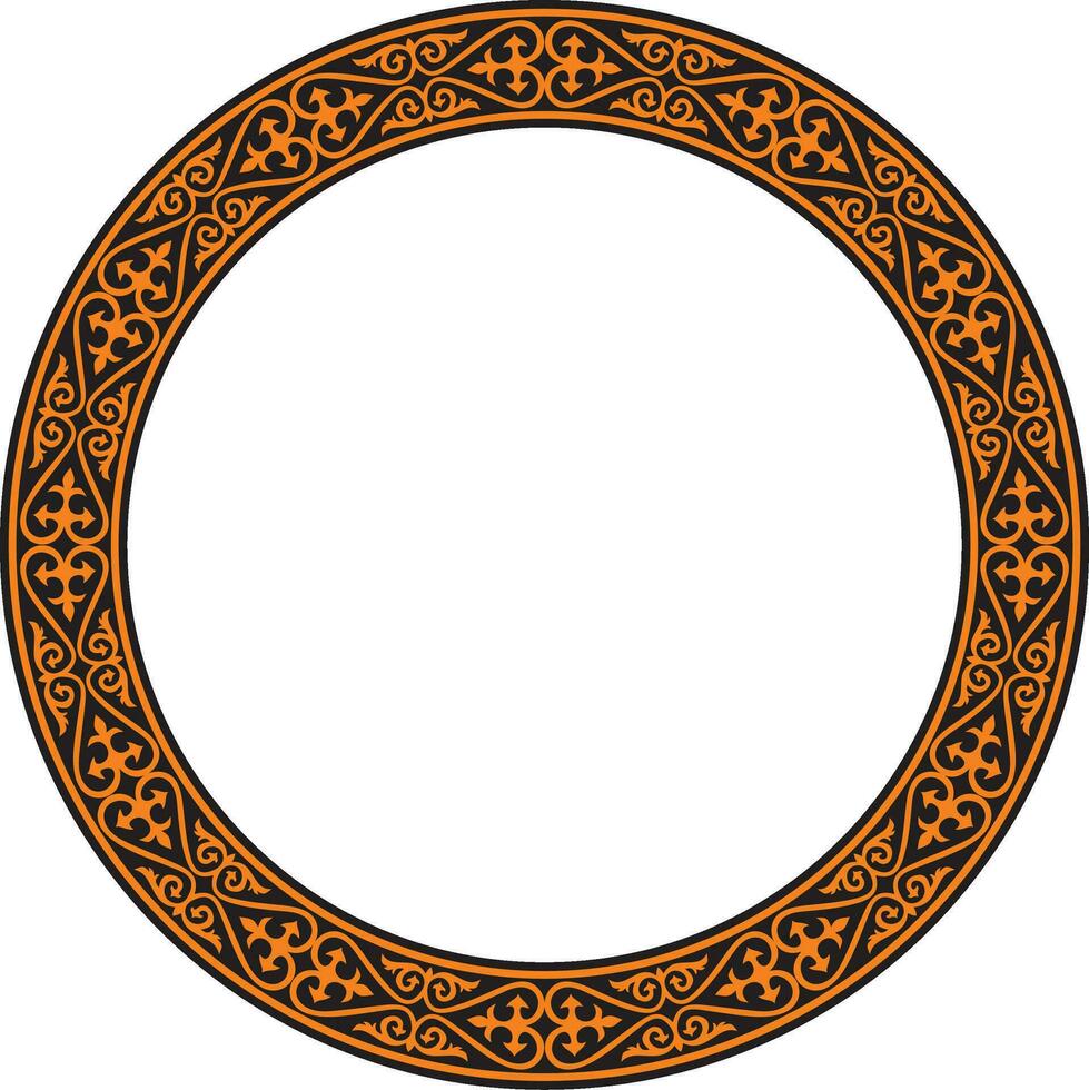 Vector orange and black Kazakh national round pattern, frame. Ethnic ornament of the nomadic peoples of Asia, the Great Steppe, Kazakhs, Kirghiz, Kalmyks, Mongols, Buryats, Turkmens