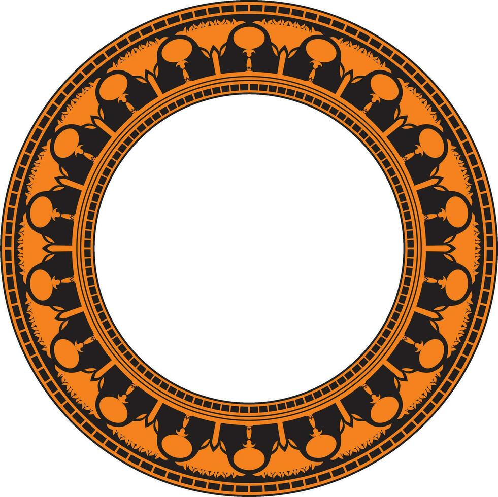 Vector orange round Egyptian border. Circle ornament of ancient Africa. Pattern of lotus flowers and sun..