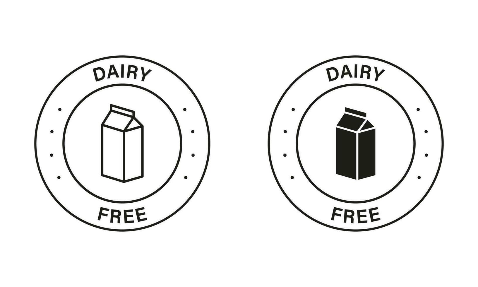 Dairy Free Black Stamp Set. Lactose Intolerance Allergy Ingredient Sign. Non Dairy, Healthy Food Logo. No Cow Milk Lactose Label. Free Dairy Diet Symbol. Isolated Vector Illustration.