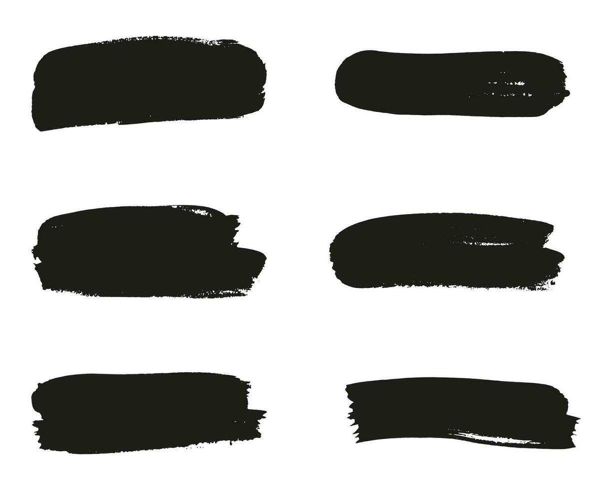 Brush Stroke Black Paint Set. Grunge Paintbrush Texture. Watercolor Brushstroke Splash Collection. Grungy Ink Line, Dirty Scratch Stripes. Abstract Grungy Background. Isolated Vector Illustration.