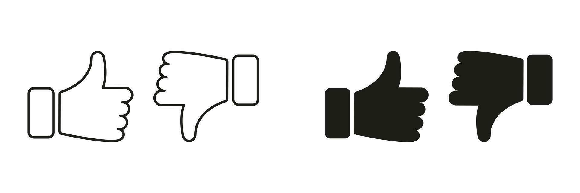 Thumb Up, Thumb Down Line and Silhouette Icon Set. Like and Dislike Pictogram. Social Media Feedback Symbol. Good and Bad Gesture Button Sign Collection. Isolated Vector Illustration.