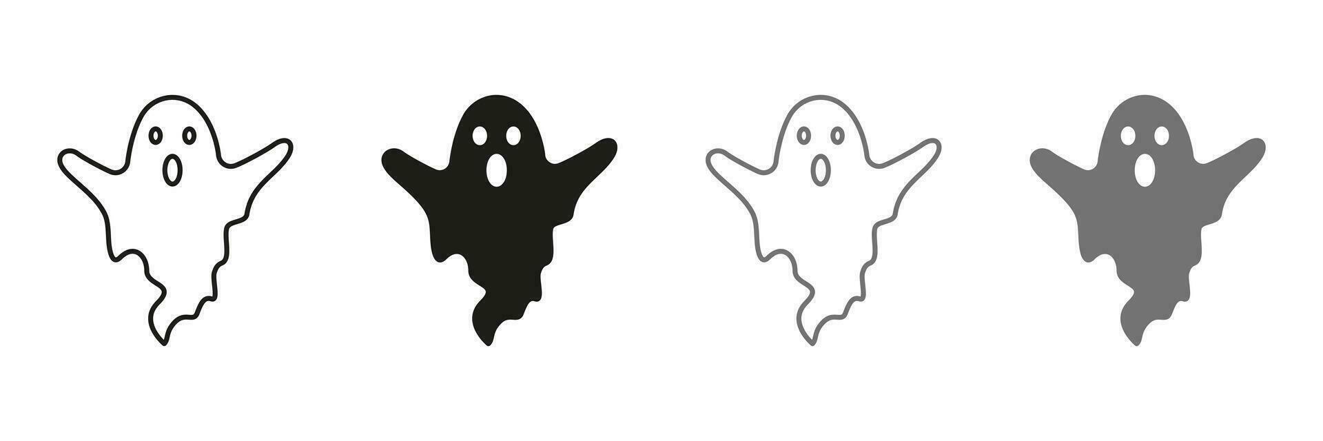 Spooky Monster for Halloween Line and Silhouette Icon Set. Ghost Pictogram Black and Color Symbol Collection. Cute Funny Dark Halloween Ghost Under Sheet. Isolated Vector Illustration.