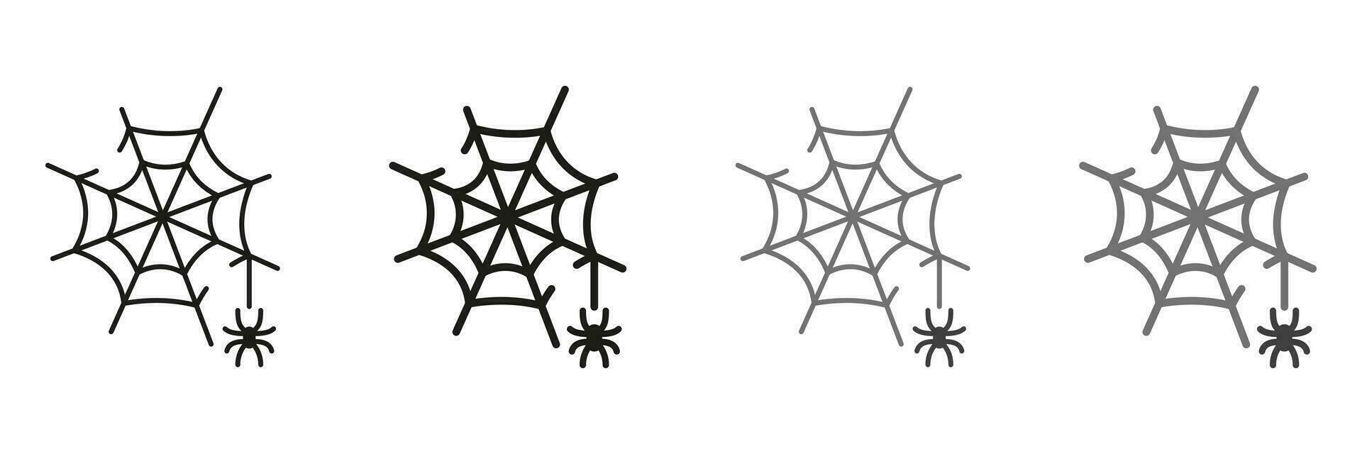 telaraña línea y silueta icono colocar. escalofriante araña web, Víspera de Todos los Santos decoración pictograma. temor telaraña trampa con araña en hilo símbolo recopilación. aislado vector ilustración.