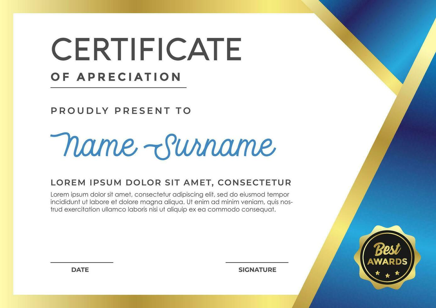 Elegant blue and gold certificate template, appreciation for business and education vector