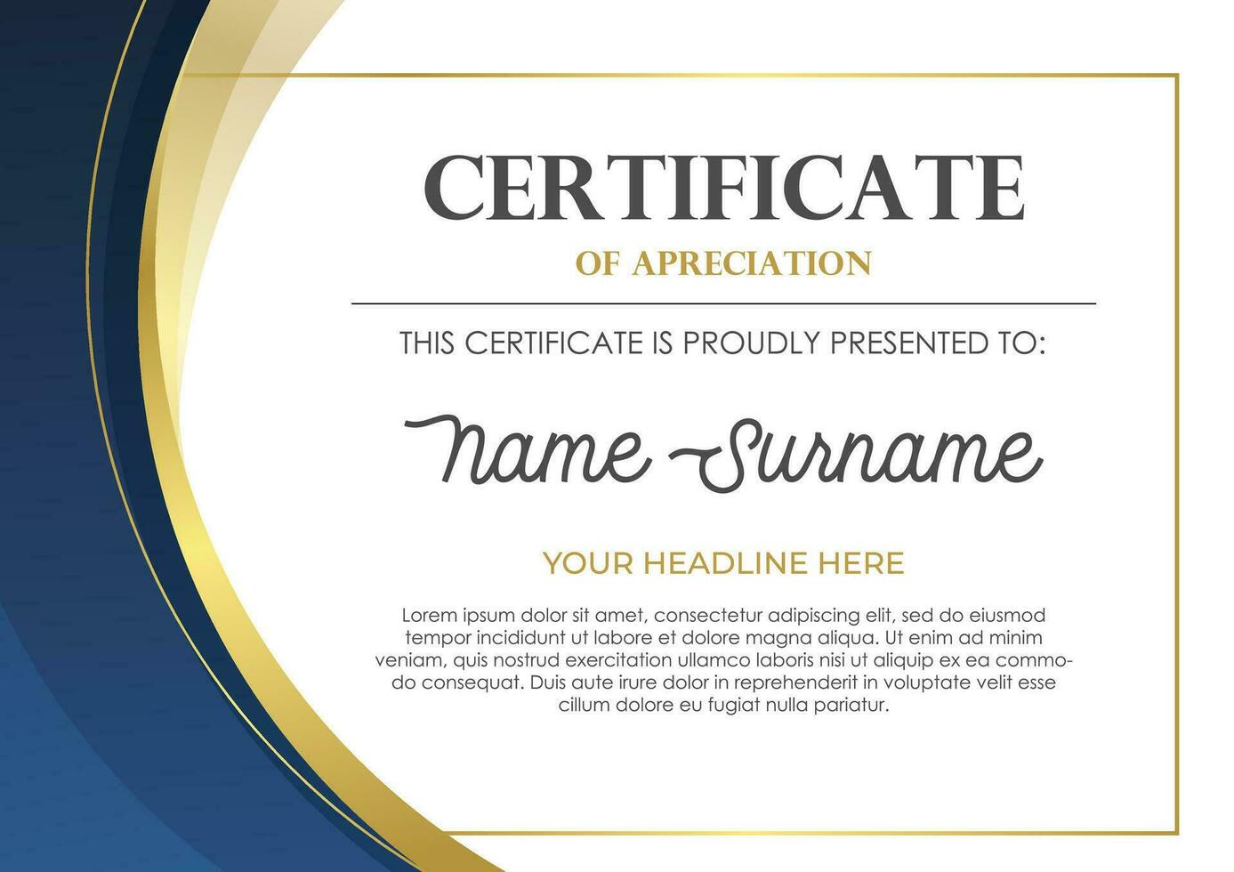 Elegant blue and gold certificate template, appreciation for business and education vector