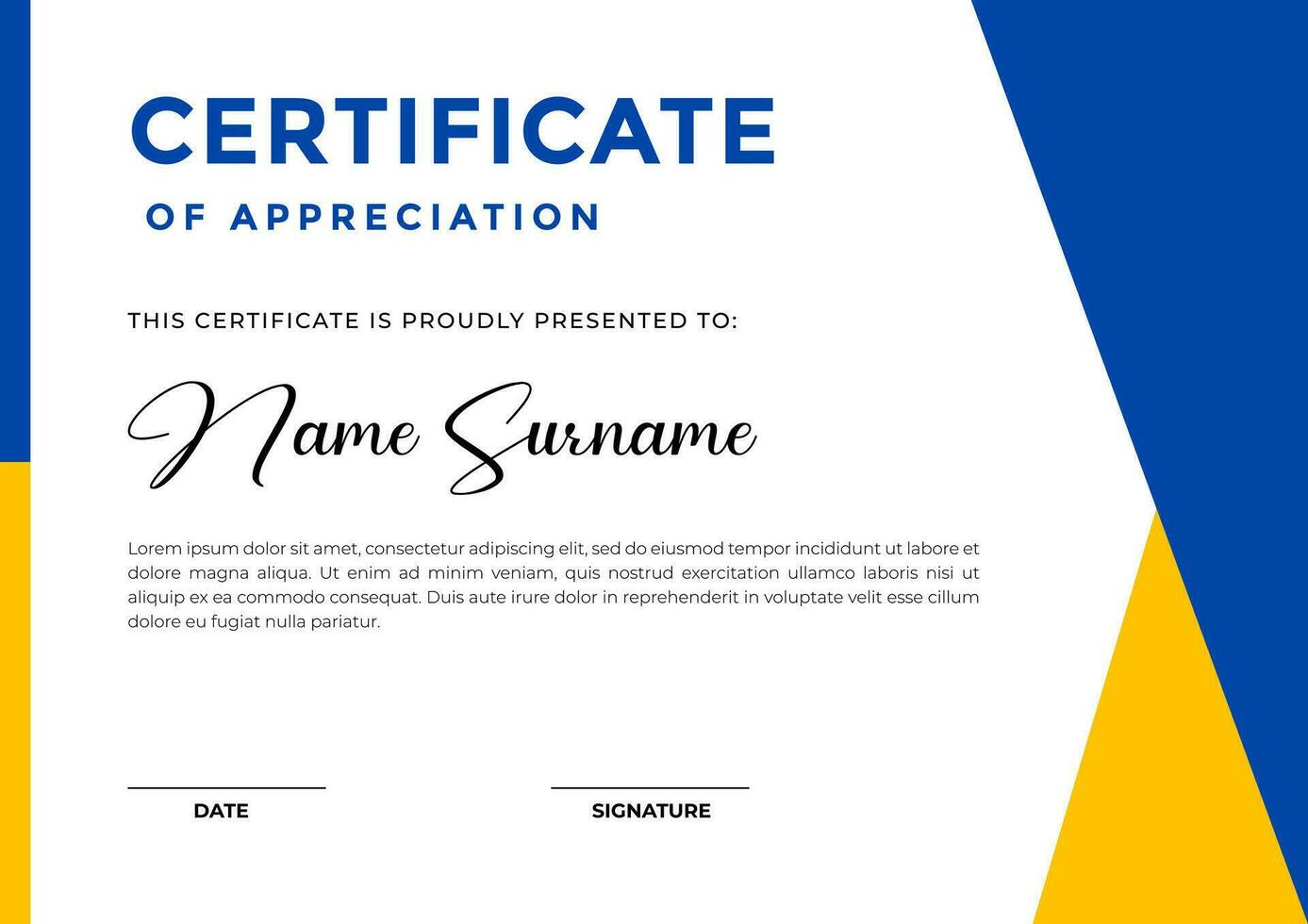 Modern blue and yellow certificate template with abstract shapes design, appreciation for business and education vector