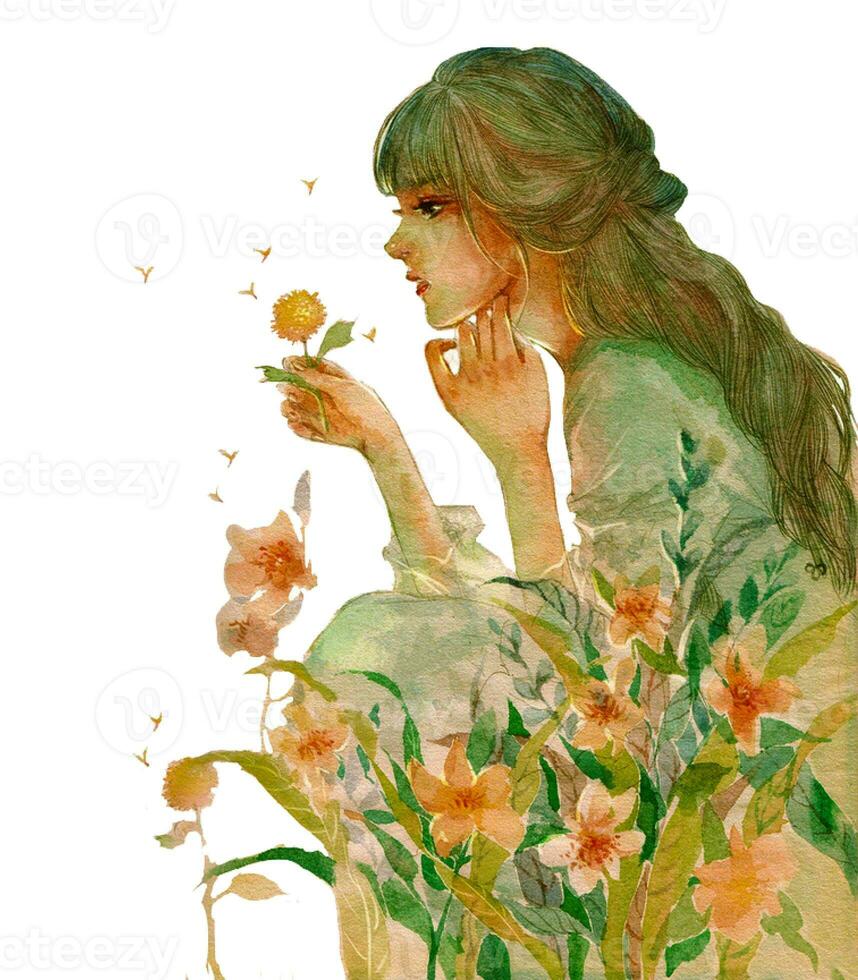 Beautiful girl with flower watercolour photo