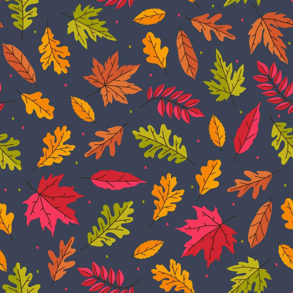 Seamless pattern with autumn bright leaves on a dark blue background. Vector graphics.