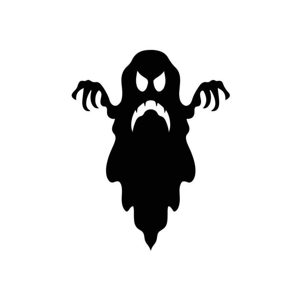 Ghost Cartoon Icon Logo Design. Black and White Stencil Tattoo. Flat Vector Illustration on White Background.