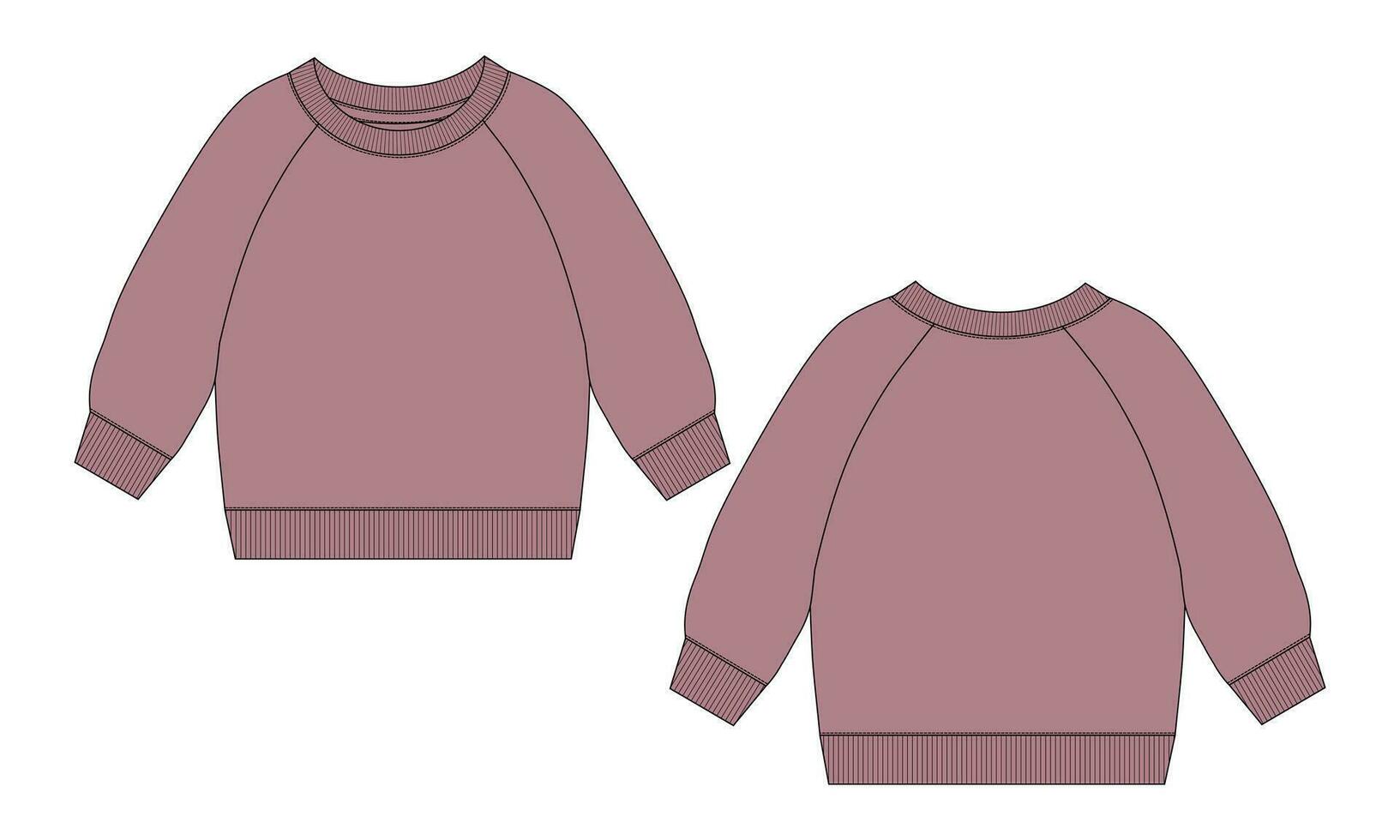 Long sleeve Sweatshirt technical drawing fashion flat sketch vector template For men's. Sweater dress design mock up Front and back views