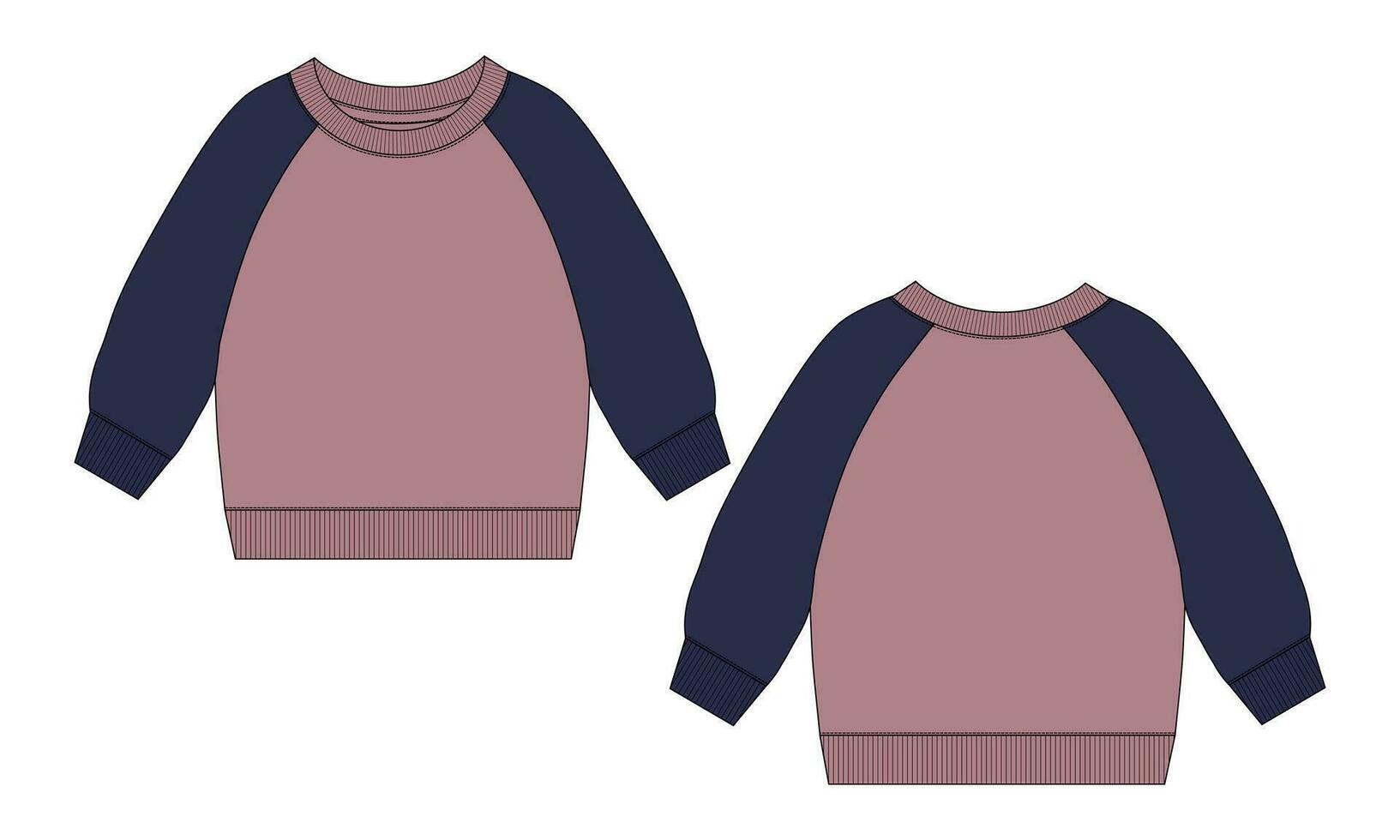 Long sleeve Sweatshirt technical drawing fashion flat sketch vector template For men's. Sweater dress design mock up Front and back views