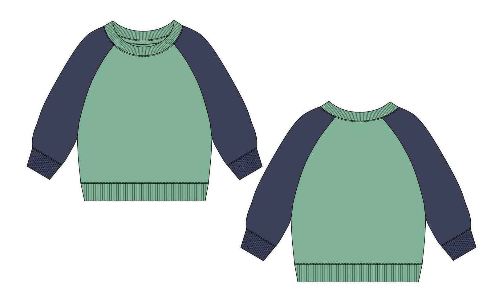 Long sleeve Sweatshirt technical drawing fashion flat sketch vector template For men's. Sweater dress design mock up Front and back views