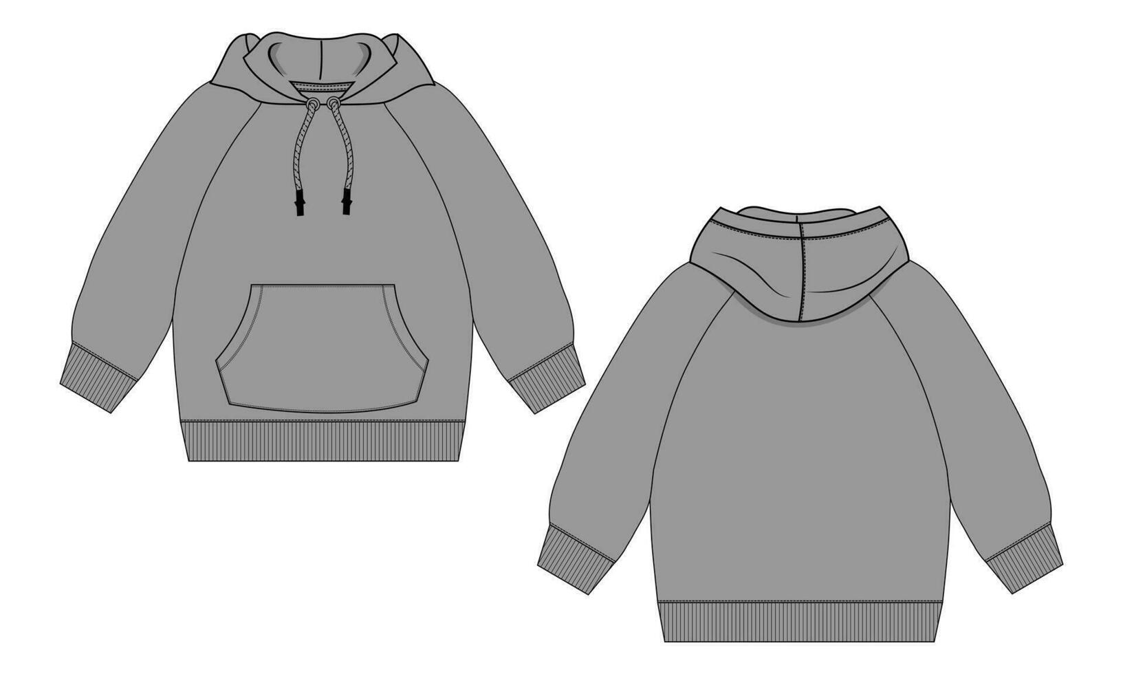 sudadera con capucha de manga larga con cremallera vista frontal y trasera de la plantilla de dibujo técnico de moda. ropa vestido diseño vector ilustración maqueta