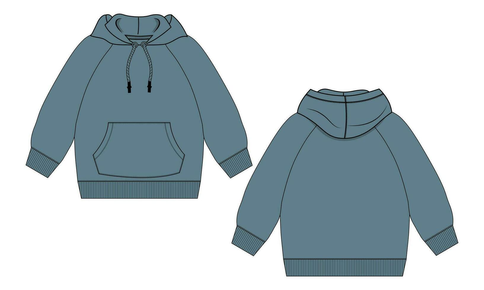 sudadera con capucha de manga larga con cremallera vista frontal y trasera de la plantilla de dibujo técnico de moda. ropa vestido diseño vector ilustración maqueta