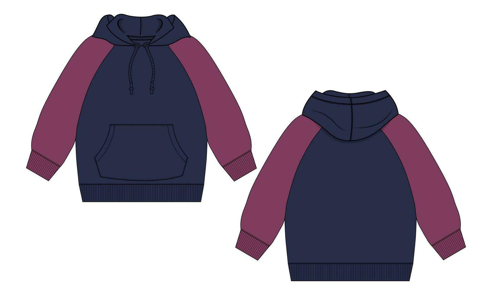 Long sleeve hoodie with Zipper technical fashion Drawing sketch template front and back view. apparel dress design vector illustration mock up