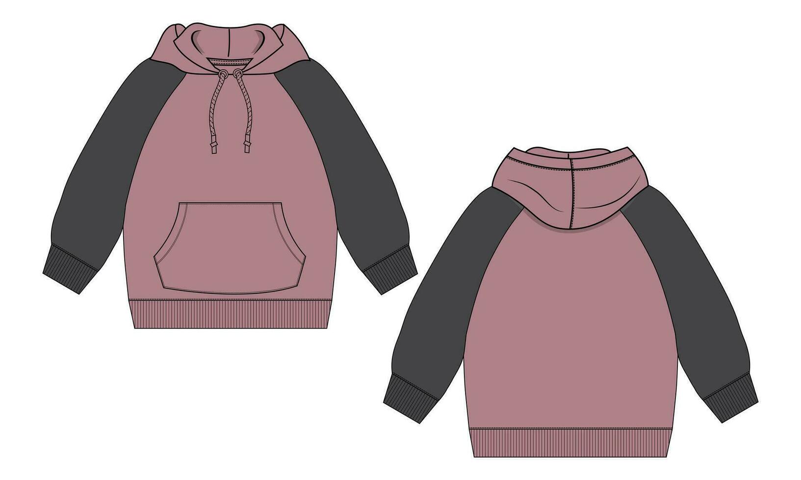 Long sleeve hoodie with Zipper technical fashion Drawing sketch template front and back view. apparel dress design vector illustration mock up