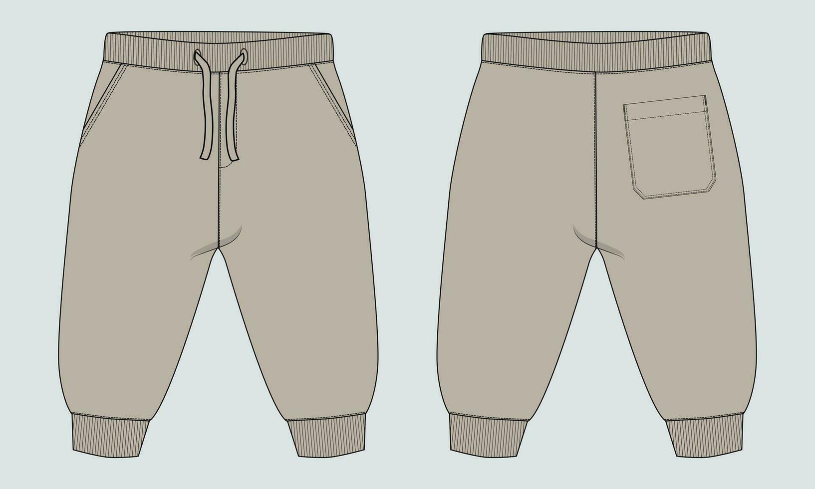 Fleece cotton jersey basic Sweat pant technical drawing fashion flat sketch template front and back views. Apparel jogger pants vector illustration mock up for kids and boys.