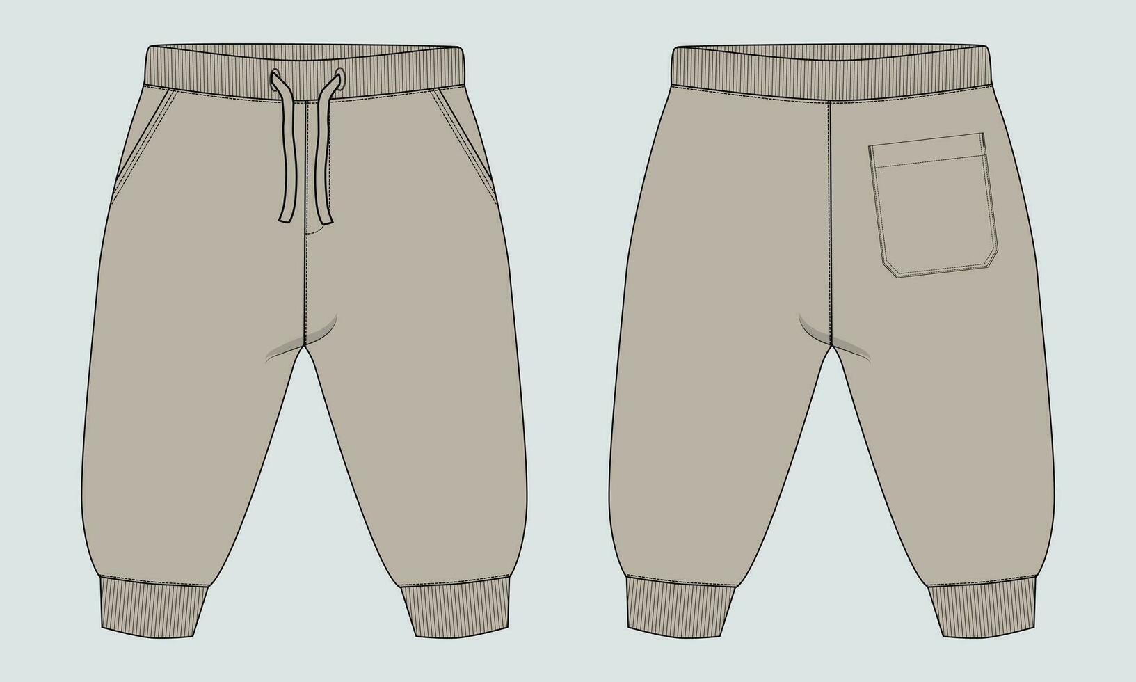 Fleece cotton jersey basic Sweat pant technical drawing fashion flat sketch template front and back views. Apparel jogger pants vector illustration mock up for kids and boys.