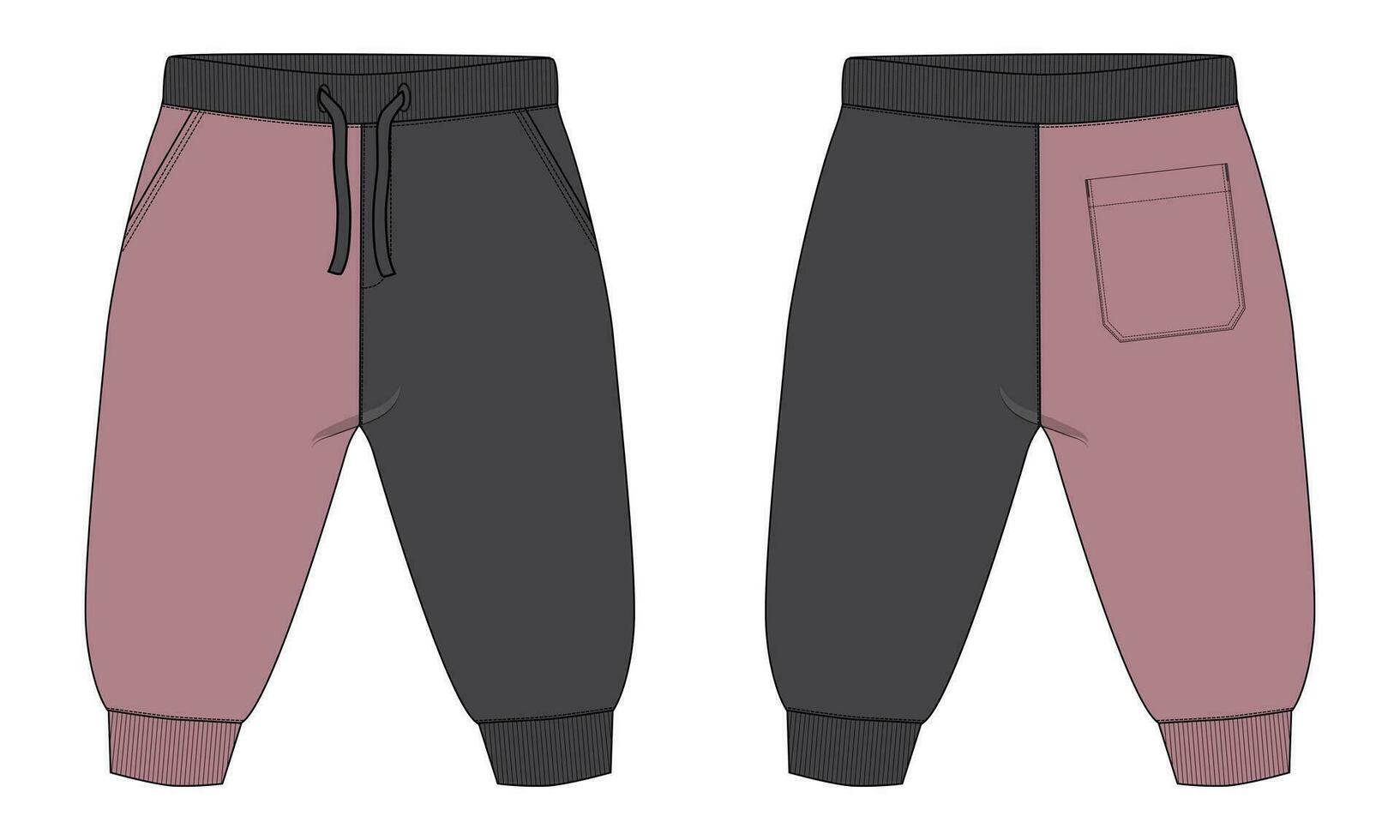 Fleece cotton jersey basic Sweat pant technical drawing fashion flat sketch template front and back views. Apparel jogger pants vector illustration mock up for kids and boys.